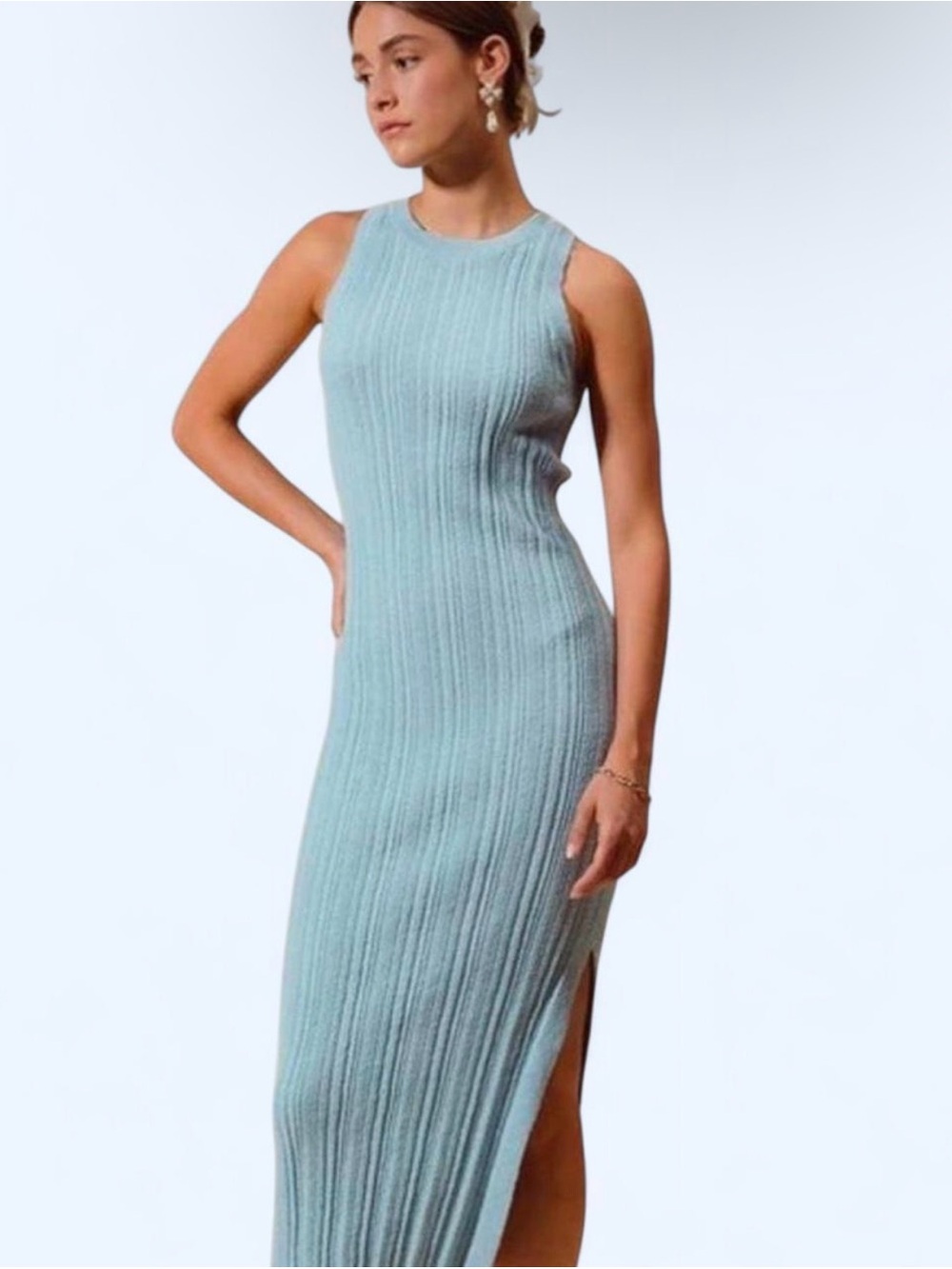 So Me Blue Pleated Maxi Dress XL Side Slit Flowy Wedding Guest Elegant Dress